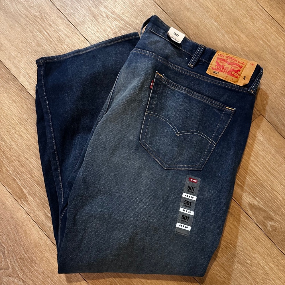 Levis 501 Original Mens Jeans 48x30 Dark Wash Straight Leg Button Fly Denim